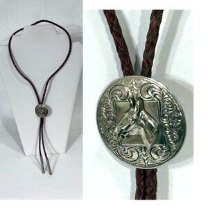 Hickok brown leather and silver horse in profile bolo tie.